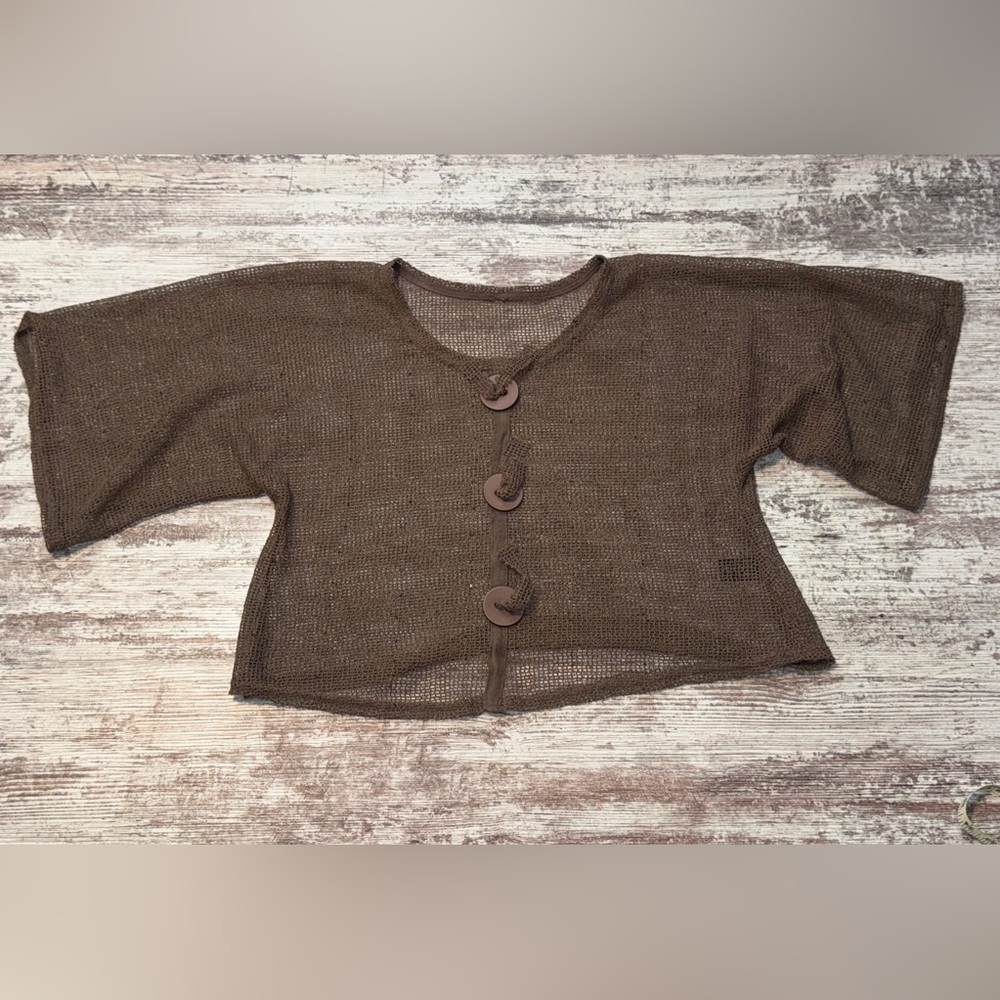 Brown Knit Button-Up Top‎
